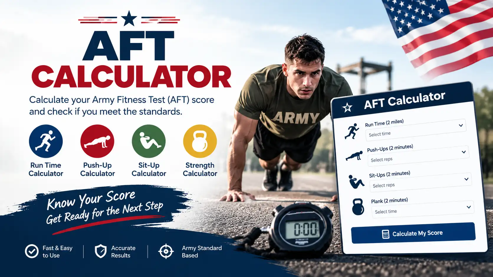 AFT Calculator tool showing Army Fitness Test score estimation for six events