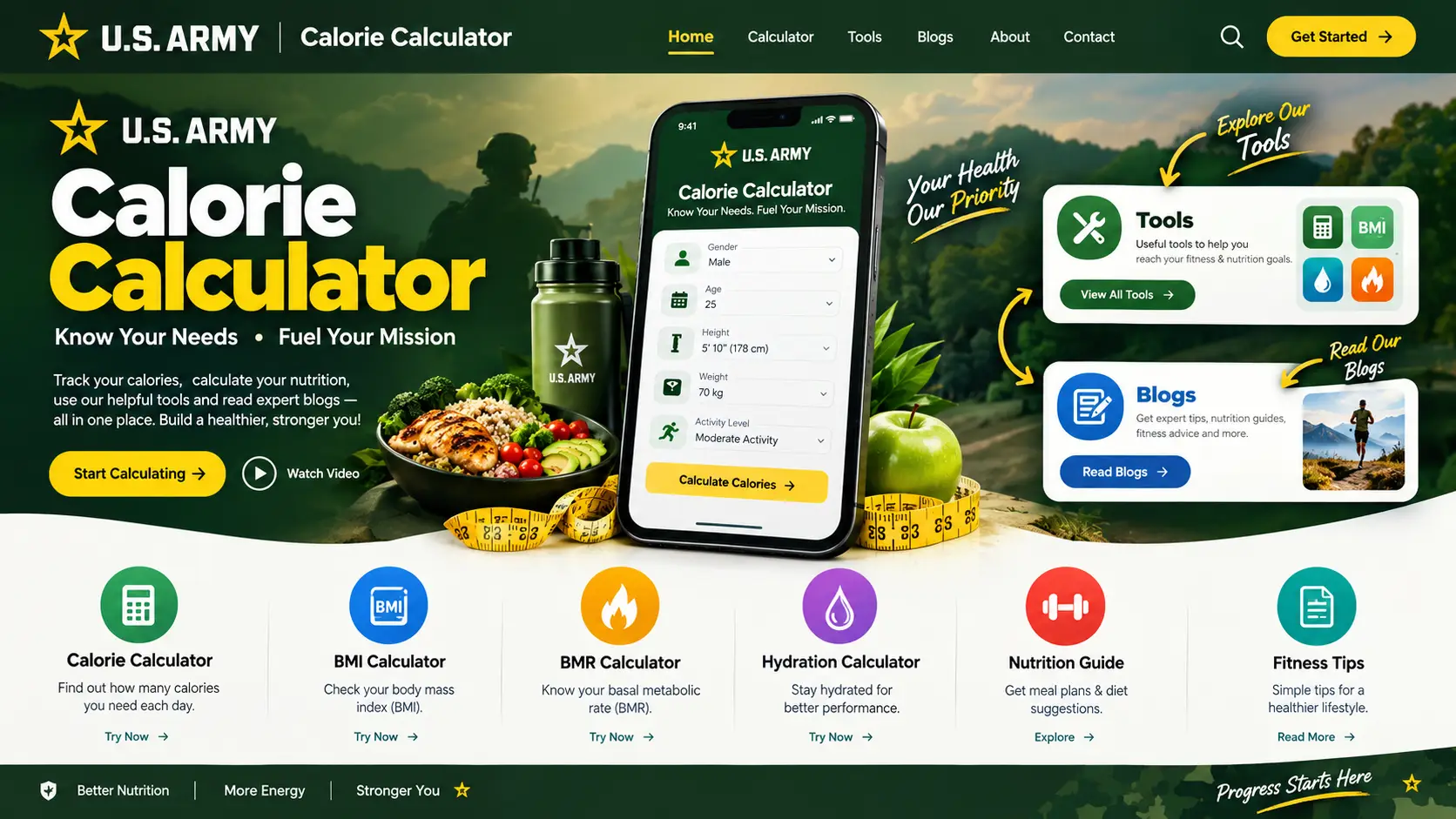 Army Body Fat Calculator, Bench Press Calculator, and Calorie Calculator tools for fitness tracking