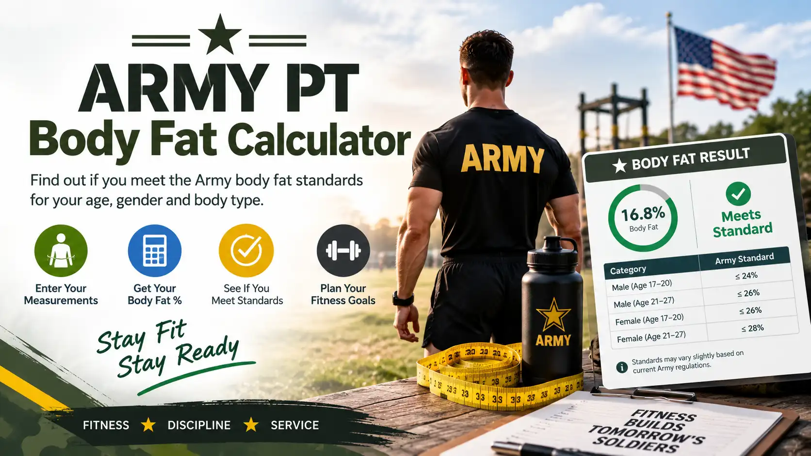 Army PT body fat calculator showing one-site tape test method for AFT body composition standards