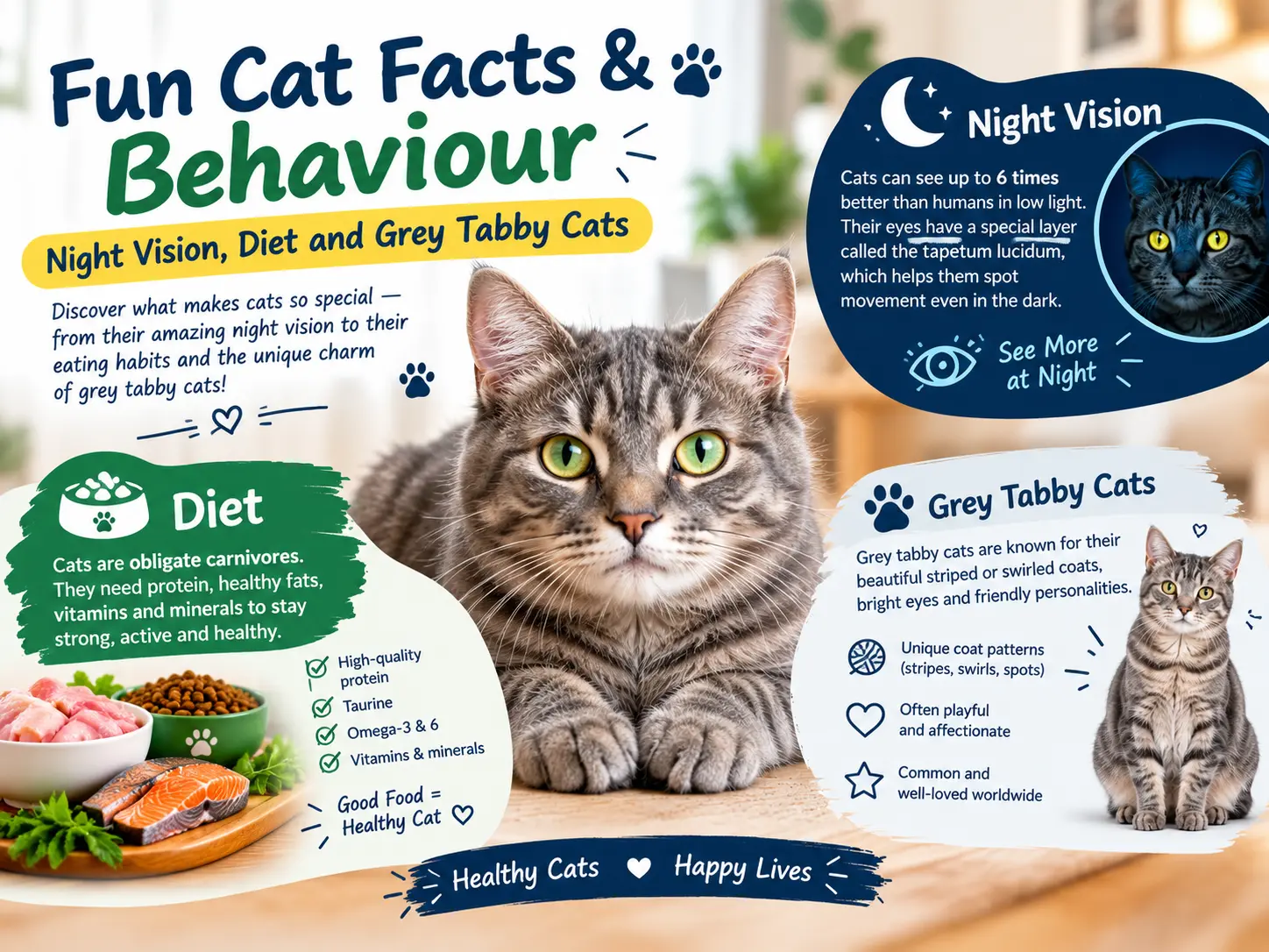 Fun cat facts and behaviour - grey tabby cat, night vision, and diet