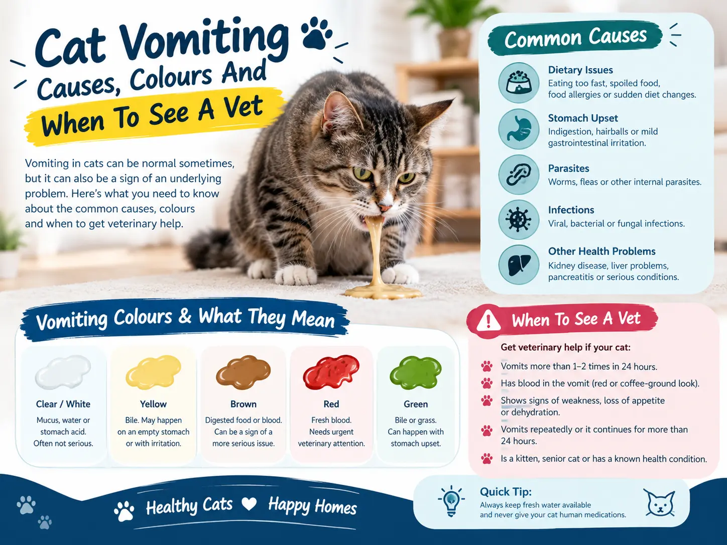 Cat vomiting causes and colours chart - when to see a vet