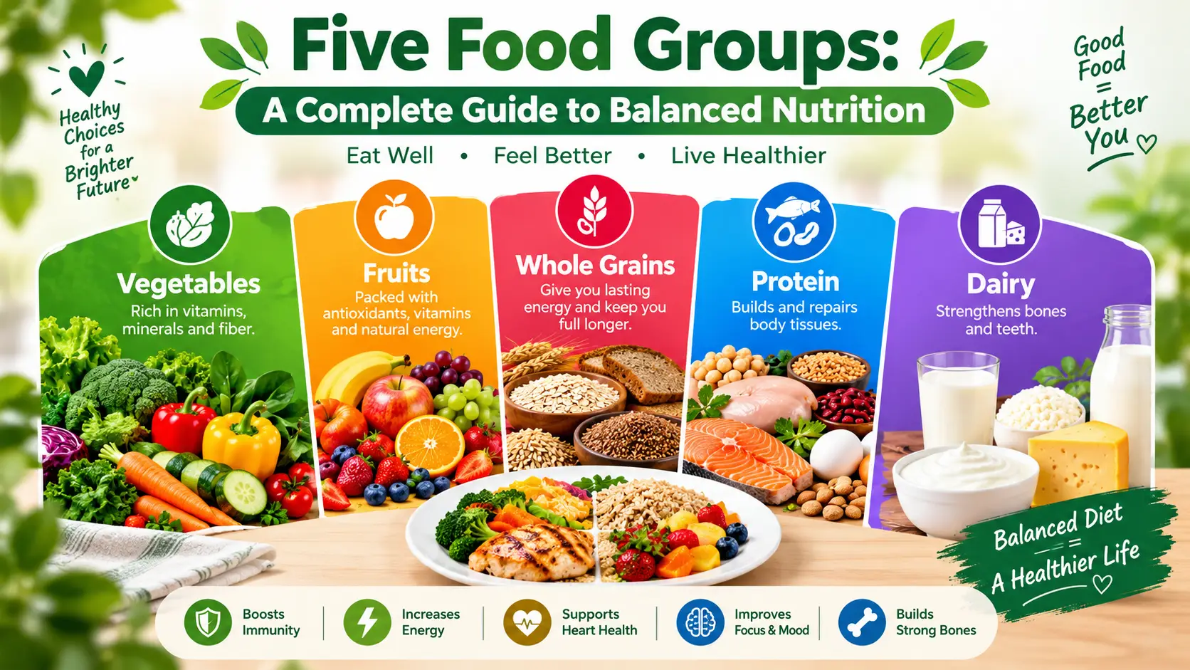 Five food groups chart showing fruits, vegetables, grains, protein and dairy for balanced nutrition