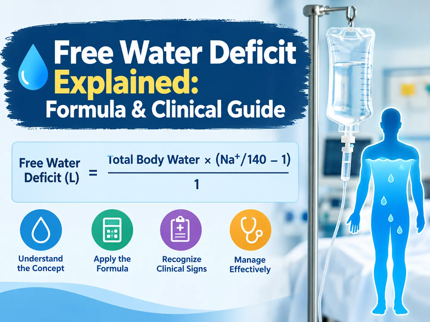 Free water deficit explained showing formula for hypernatremia correction and total body water calculation