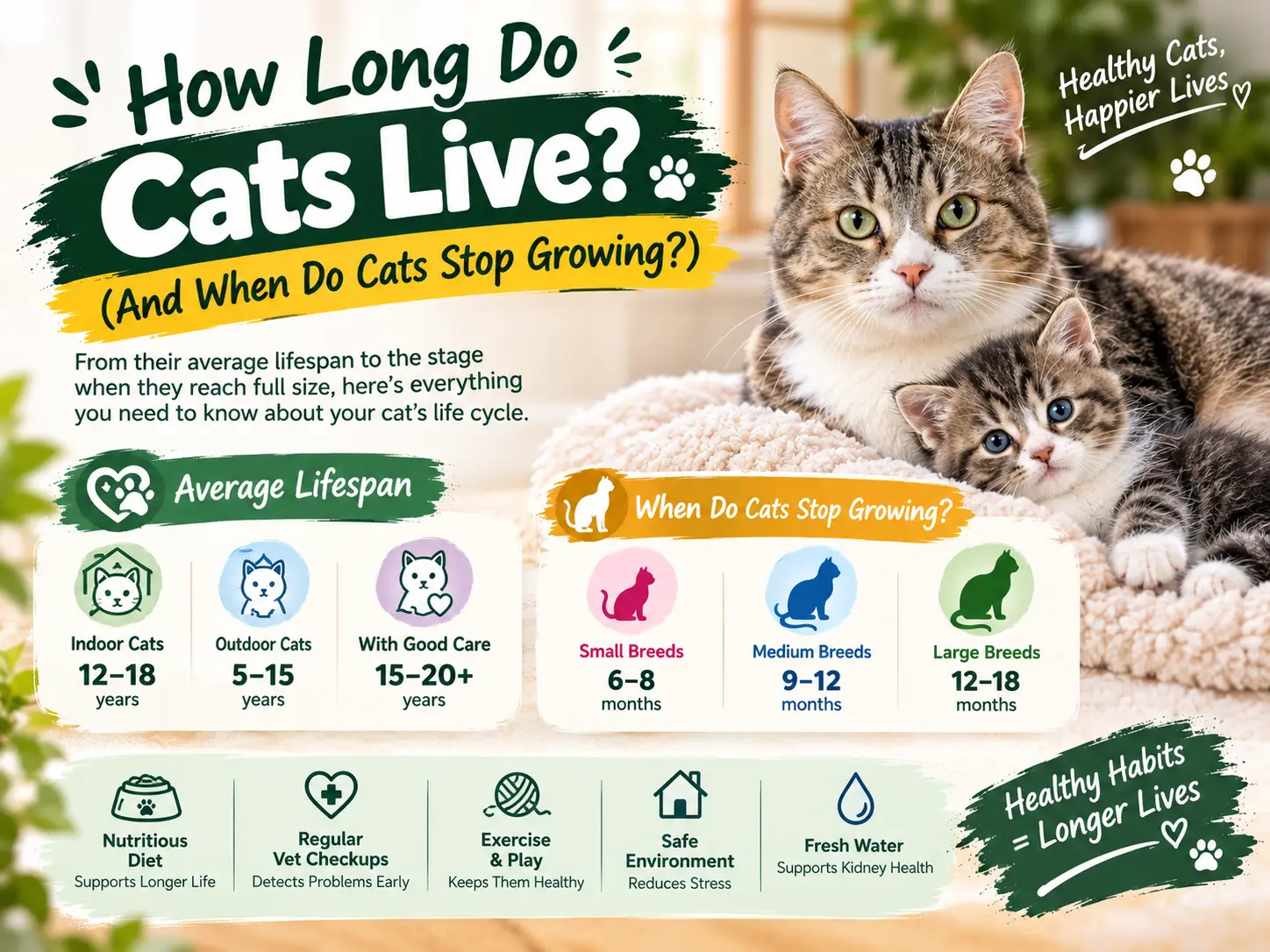 How long do cats live and when do cats stop growing chart