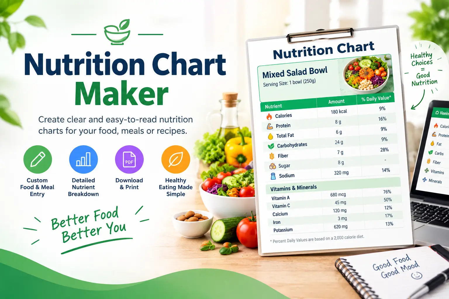Nutrition chart maker displaying visual nutrition chart for calories, protein, carbs, fat for meals