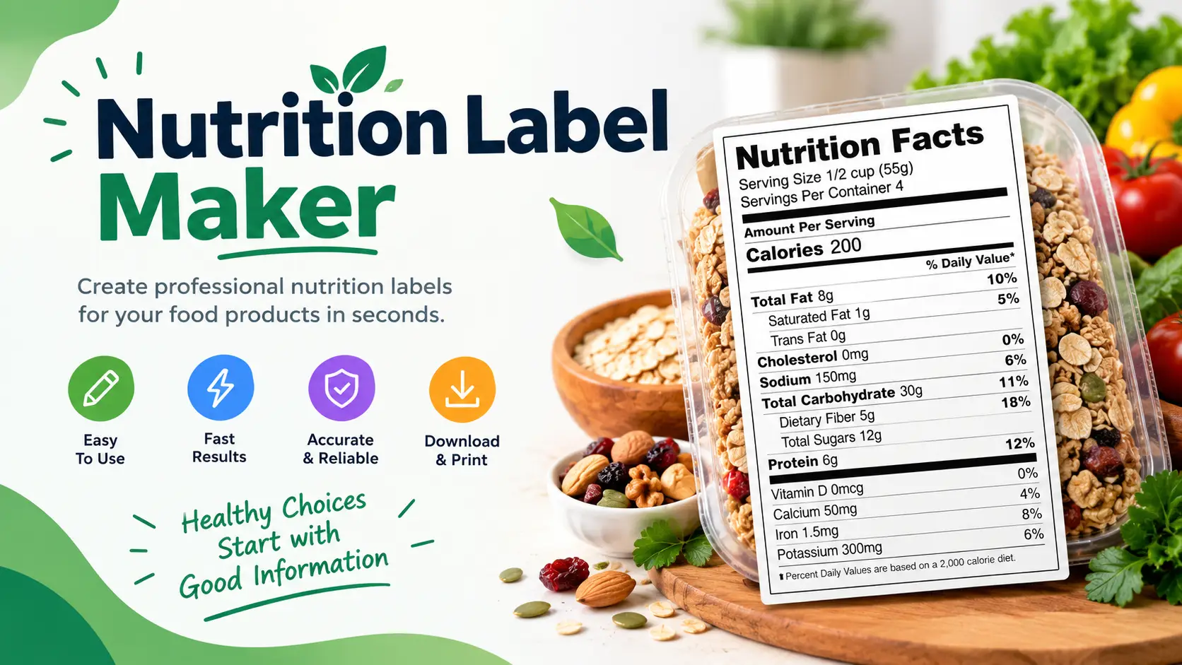 Nutrition label generator displaying FDA-style food label with calories, fat, carbs and protein
