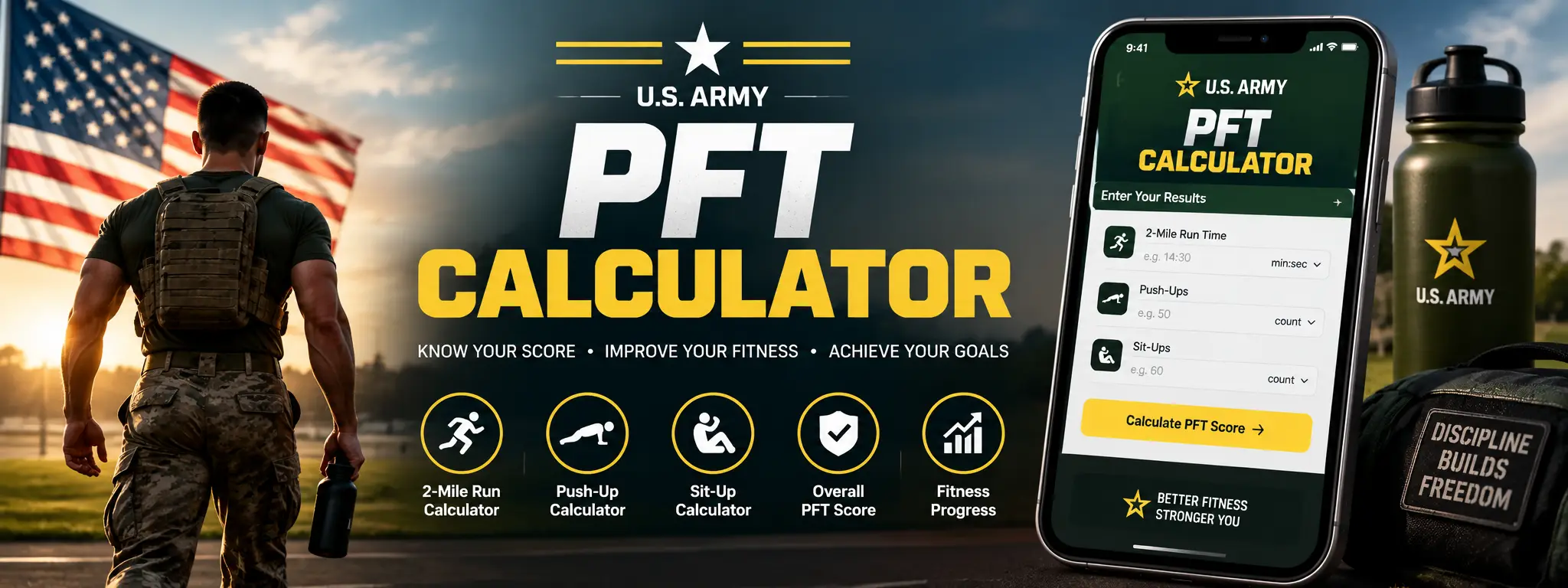 PFT calculator for physical fitness test scores including push-ups, sit-ups, and run time